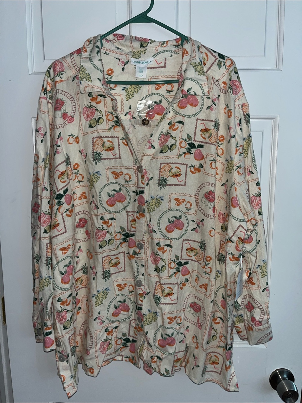 Cynthia Rowley Button-up Linen Fruit Basket Postage Stamp Shirt